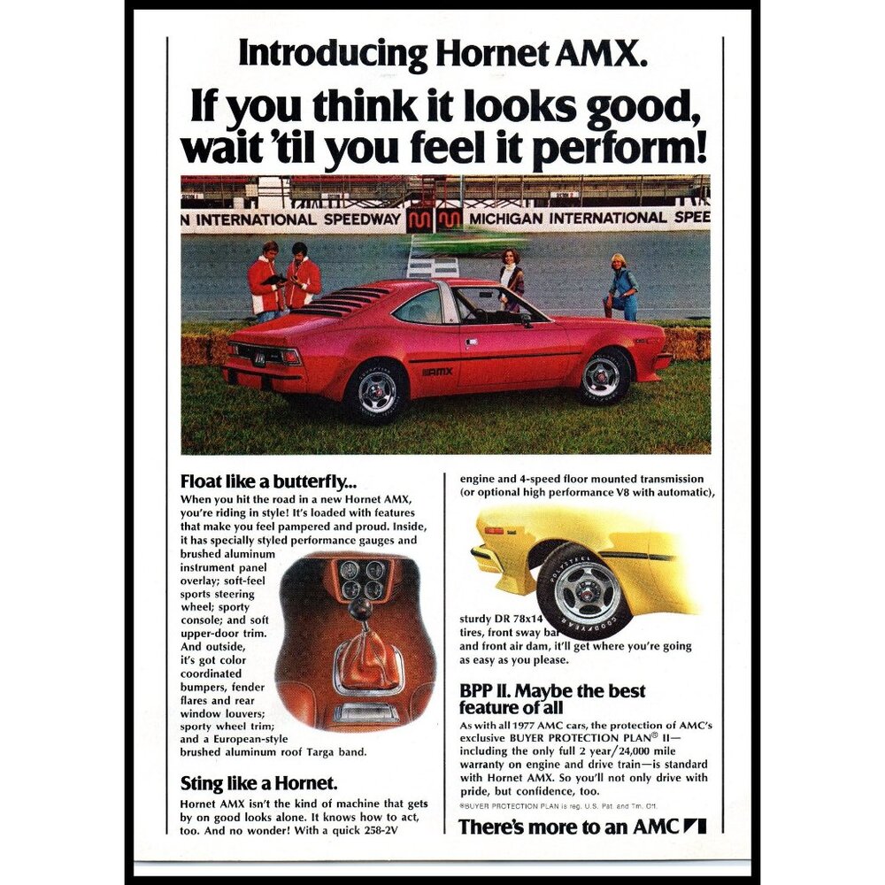 1977 AMC Hornet AMX Vintage Print Ad Michigan International Speedway Wall Art